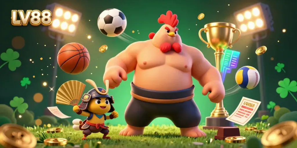 Experience the excitement at LV88 with vibrant 3D characters in a dynamic casino scene filled with sports elements.