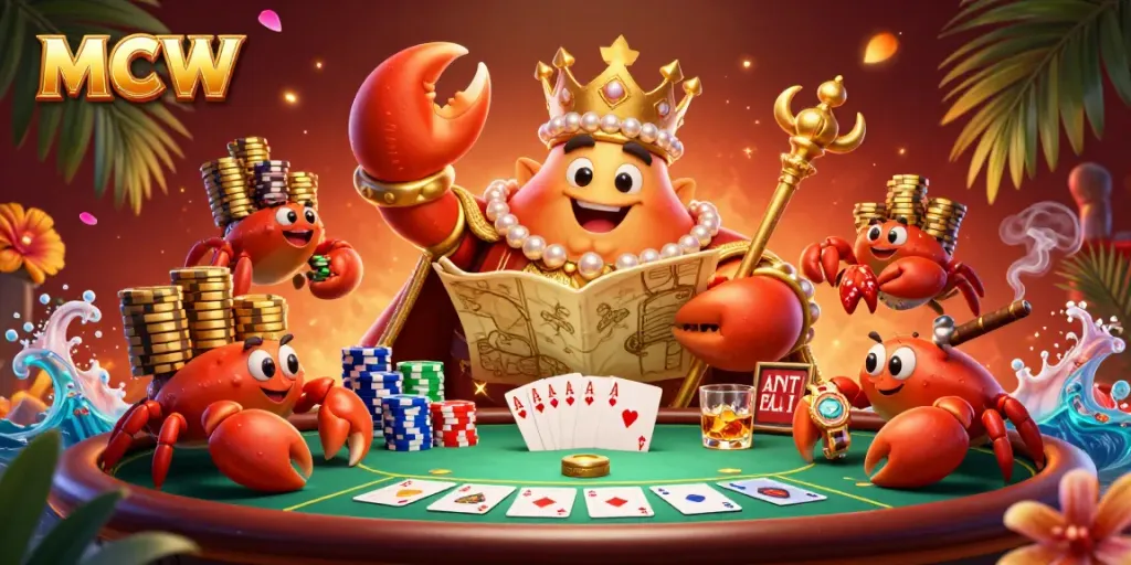 Engage with MCW’s vibrant casino scene featuring a golden crab emperor and poker elements.