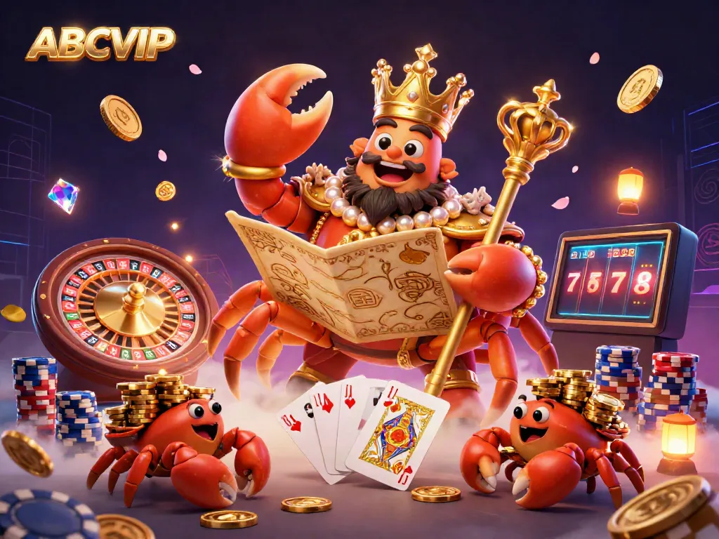 Experience the thrill of ABCVIP with this vibrant casino-themed illustration featuring a golden crab emperor and treasures.