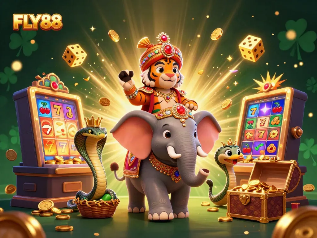 Win big with FLY88 as a vibrant 3D illustration highlights casino excitement with epic characters and jackpot visuals.