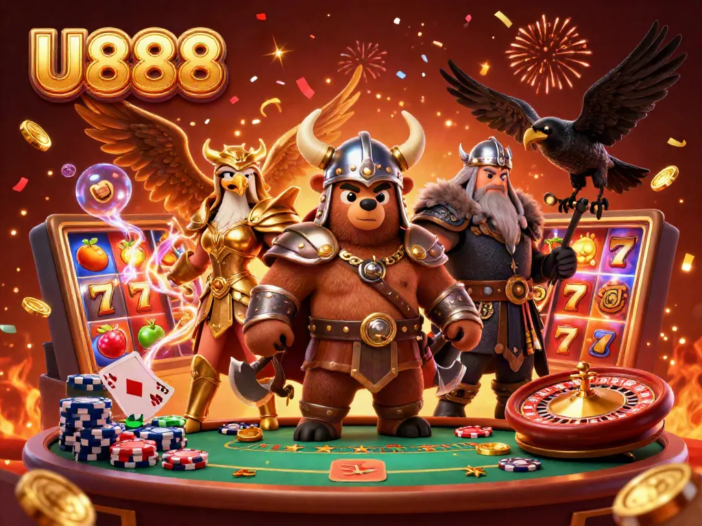 Experience thrilling gameplay with U888 in this vibrant 3D casino scene featuring epic characters and dynamic game elements.
