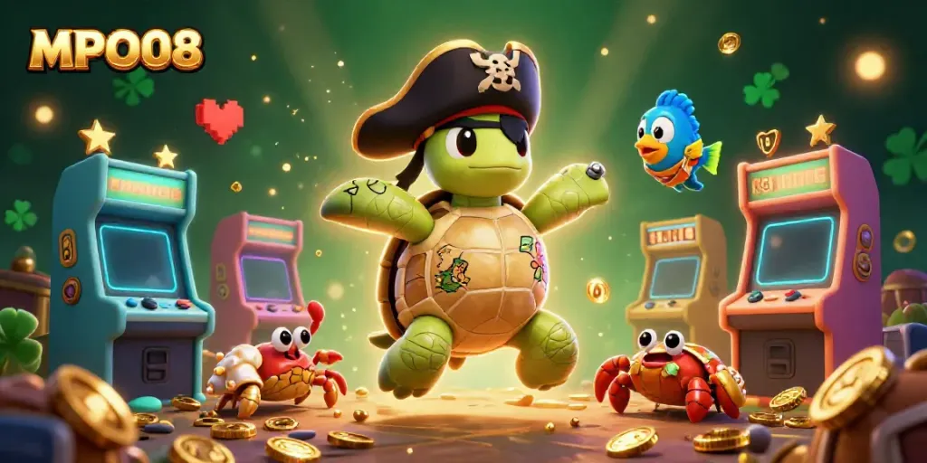 Experience the fun and excitement of MPO08 slot games with pirate-themed characters and vibrant arcade elements.
