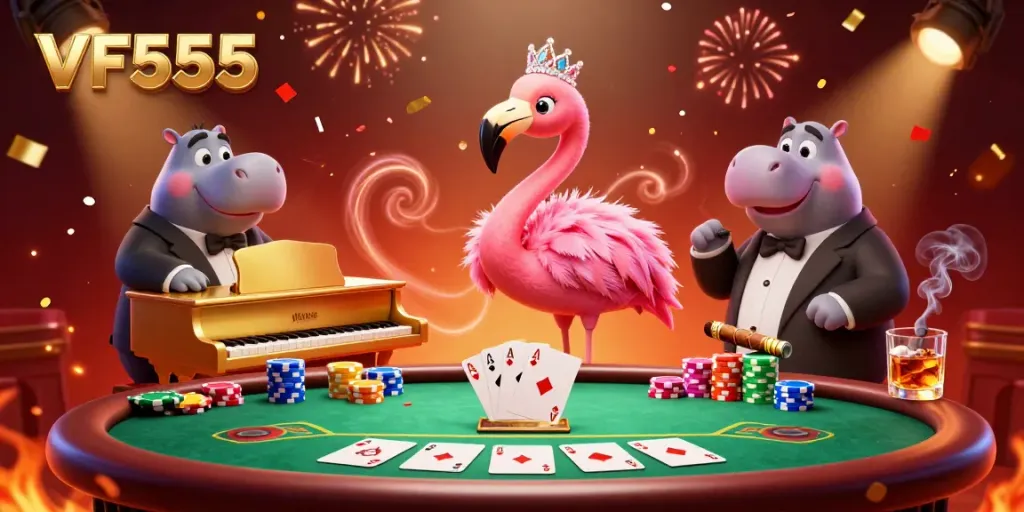 Experience the excitement of VF555 in a vibrant casino atmosphere with a flamingo singer and hippo bassist.