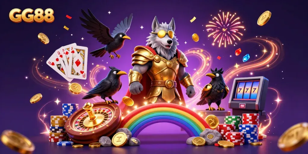 Experience thrilling battles and jackpots at GG88 with vibrant Norse mythology-inspired casino elements.