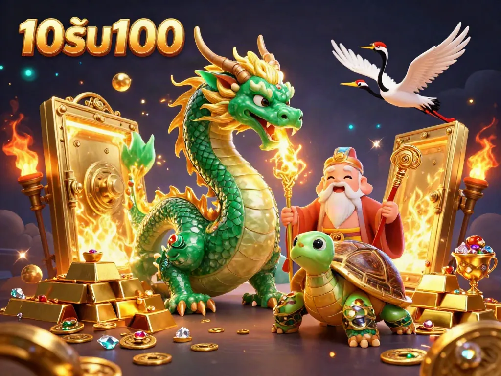 ภาพโปรโมตกิจกรรม 10รับ100 ที่แสดงถึงมังกรมรกตและสัตว์นำโชคในคาสิโน