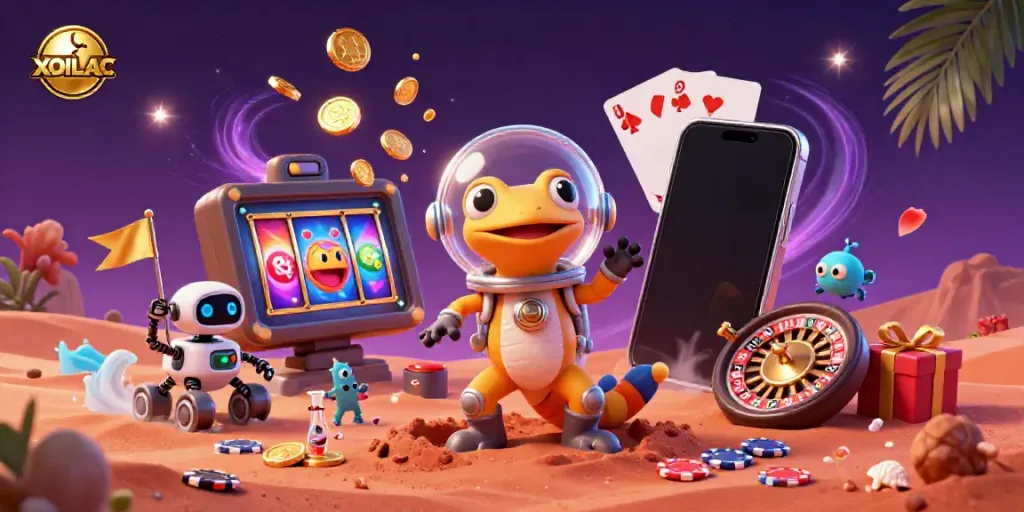 XOILAC reveals an alien casino scene with vibrant slot games and cosmic characters for gamblers.