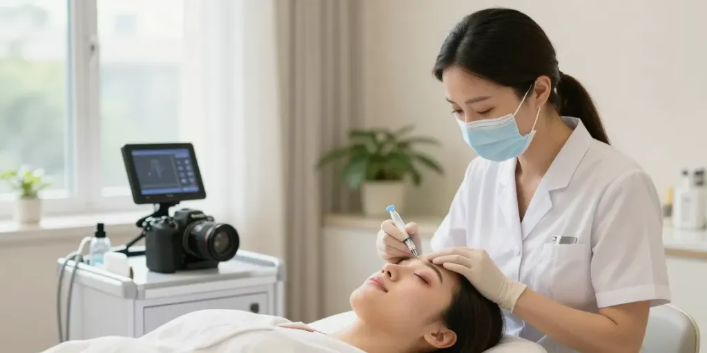 Professionelle Behandlung zum Entfernen von Augenringen mit Hyaluronsäure in modernem Schönheitssalon.