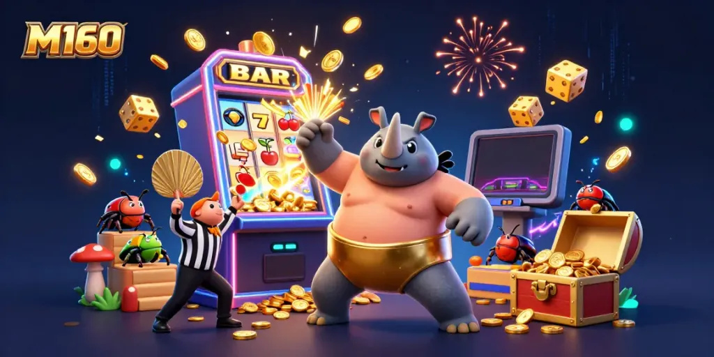 Experience M160 action as a sumo beetle stomps coins while a cricket referee officiates the vibrant casino scene.