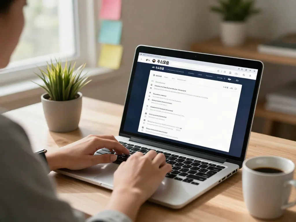 Person using a laptop to access organized 주소모음 links in a cozy workspace.