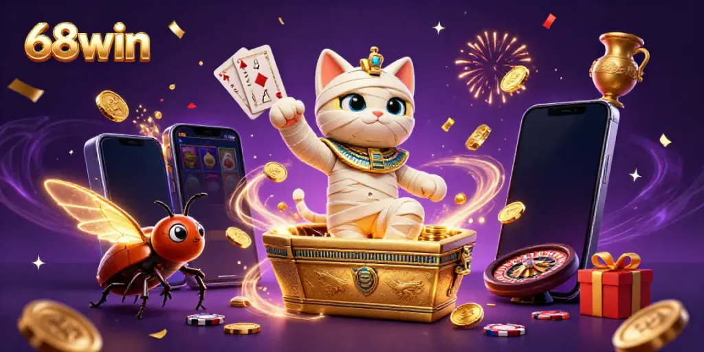 Experience thrilling 68win excitement with a mummy cat, golden coins, and casino games in stunning 3D art.