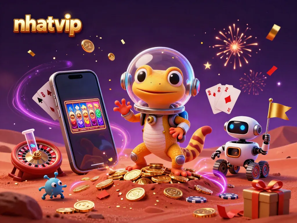 Nhatvip gaming scene with a Martian gecko discovering a golden casino amidst celebratory elements.