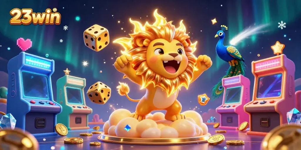 Experience thrilling 23win adventures with a vibrant, dynamic 3D casino illustration packed with gaming excitement.