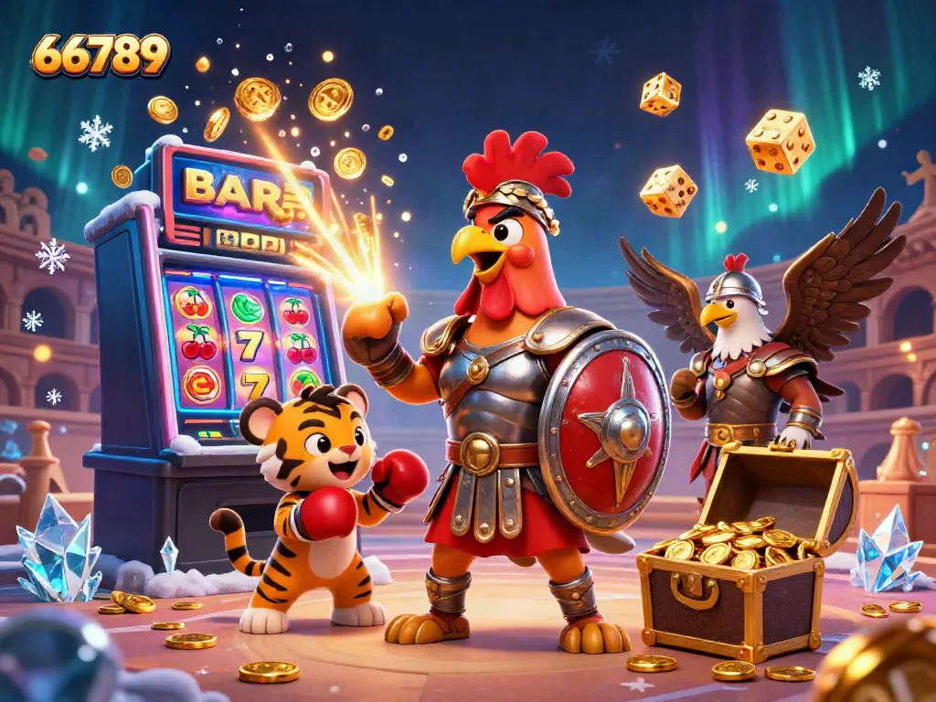 Experience the vivid 66789 world with a gladiator rooster and tiger cub amidst dynamic casino elements.