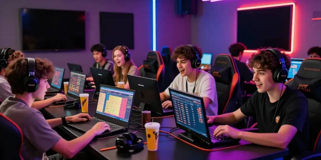 Players intensely engaged in Toto togel gaming in a vibrant online lounge, showcasing excitement and competition.