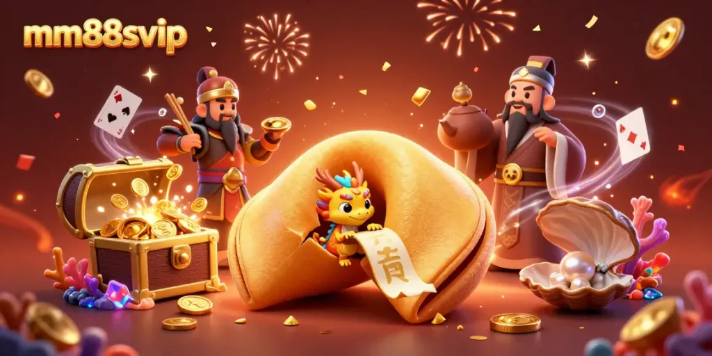 Experience dynamic gaming at mm88svip with a golden fortune cookie and adventures in this vibrant illustration.