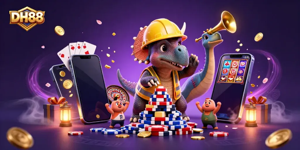 Experience the excitement of DH88 with a lively triceratops creating poker chip towers amid casino games and cheering tiny dinosaurs.