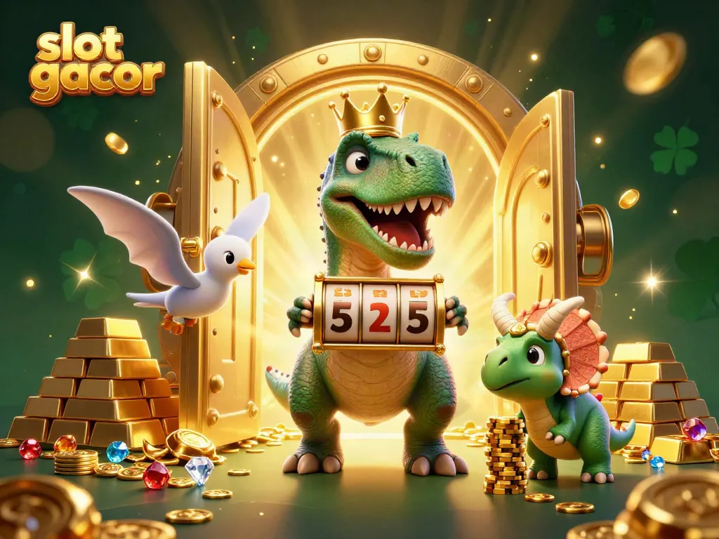 Experience slot gacor with a playful scene featuring dinosaurs and vibrant casino elements