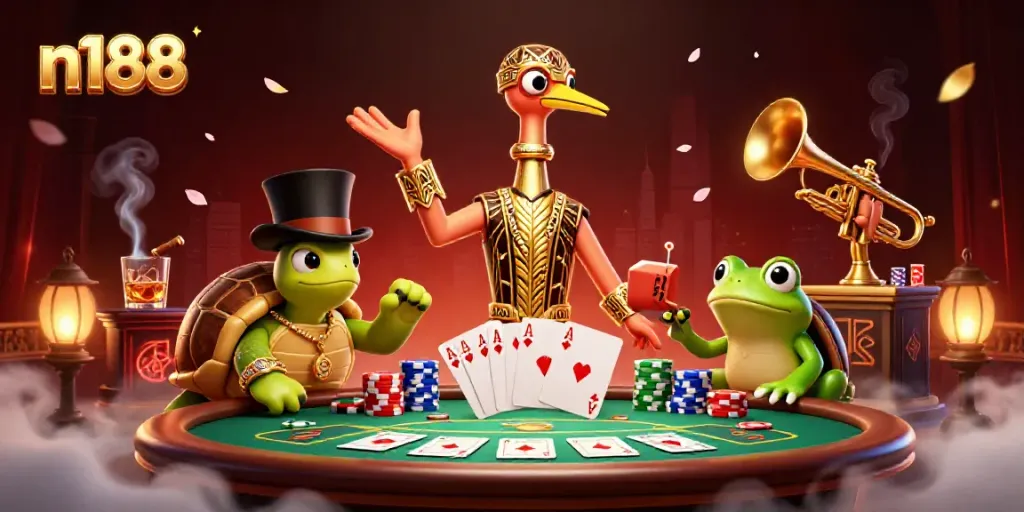 Experience thrilling gameplay at n188 with a dynamic 3D illustration of casino characters and elements.