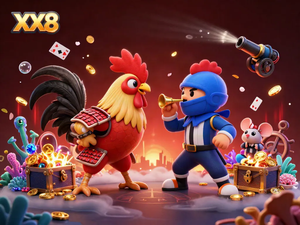 Experience the excitement of XX8 with cartoon roosters in a dramatic gambling standoff amid treasures and playful casino elements.