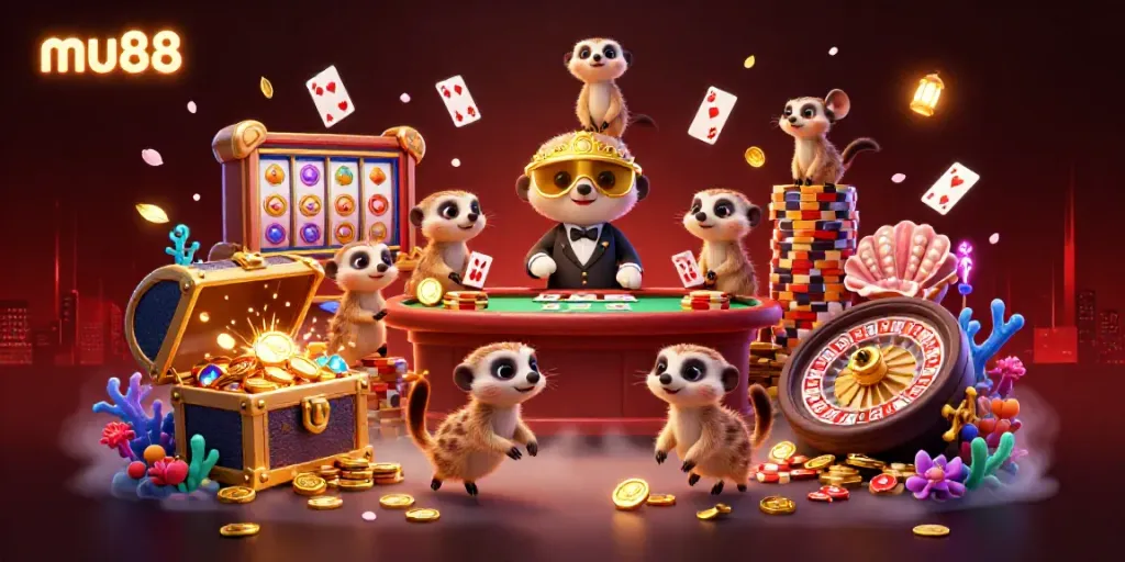 Experience mu88's vibrant casino with meerkats running the operation, featuring lively elements and gold treasures.