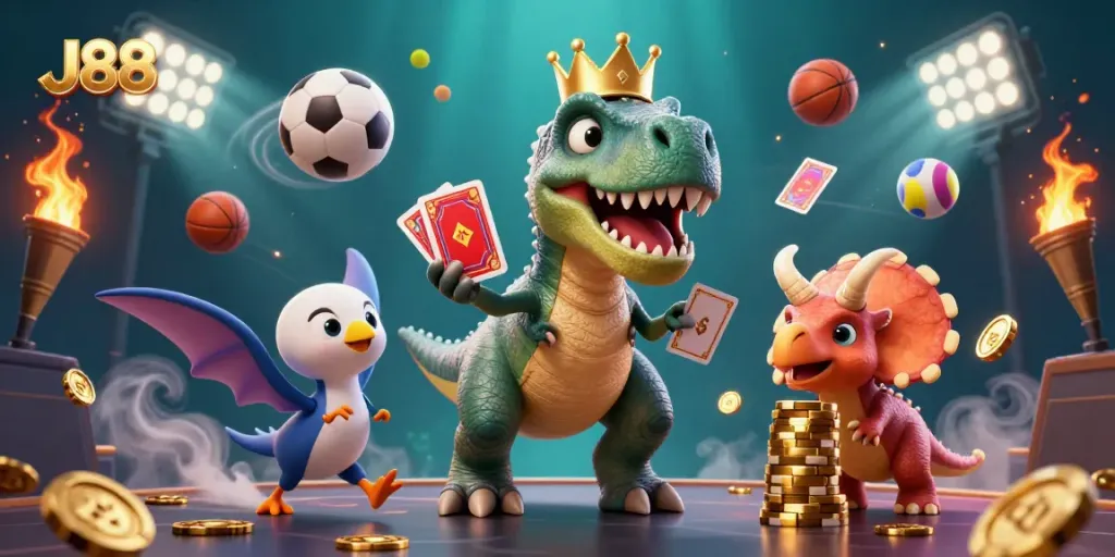 Engage in thrilling J88 gameplay with an energetic scene of a T-Rex, pterodactyl, and triceratops in a casino.