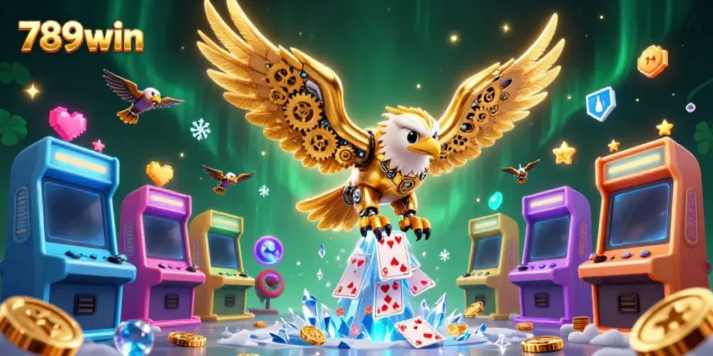 Engage with the thrilling 789win casino experience, featuring a golden eagle soaring through holographic cards.