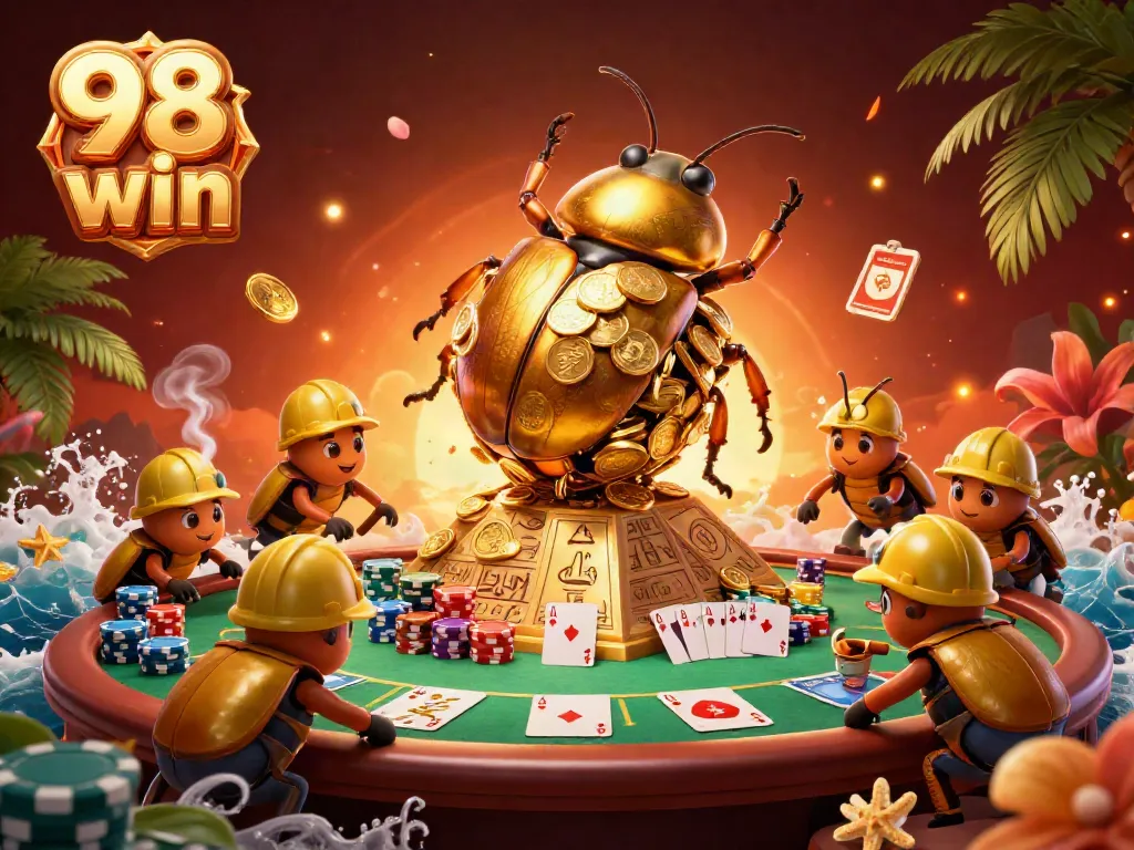 Experience the excitement of 98 win with golden beetles and vibrant casino symbols.