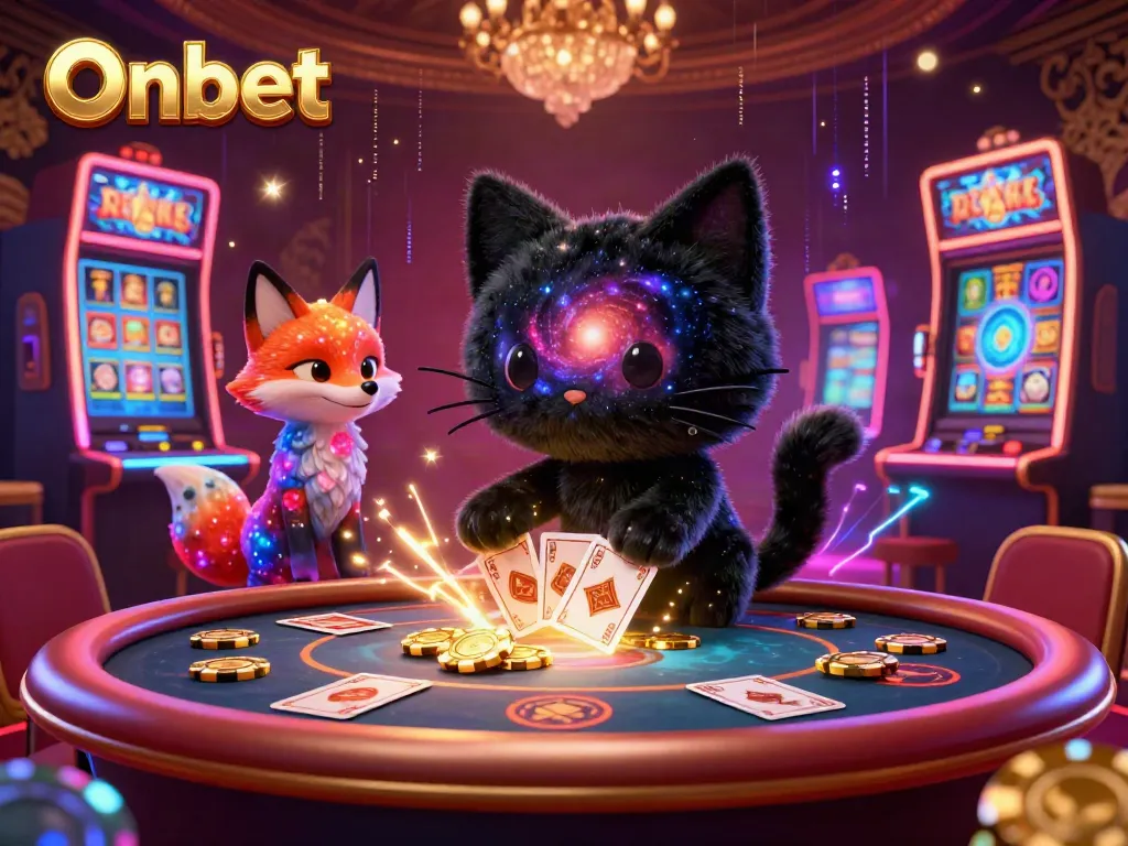 Experience the thrill of Onbet as a whimsical black hole cat attracts golden casino chips amidst vibrant slot machines.