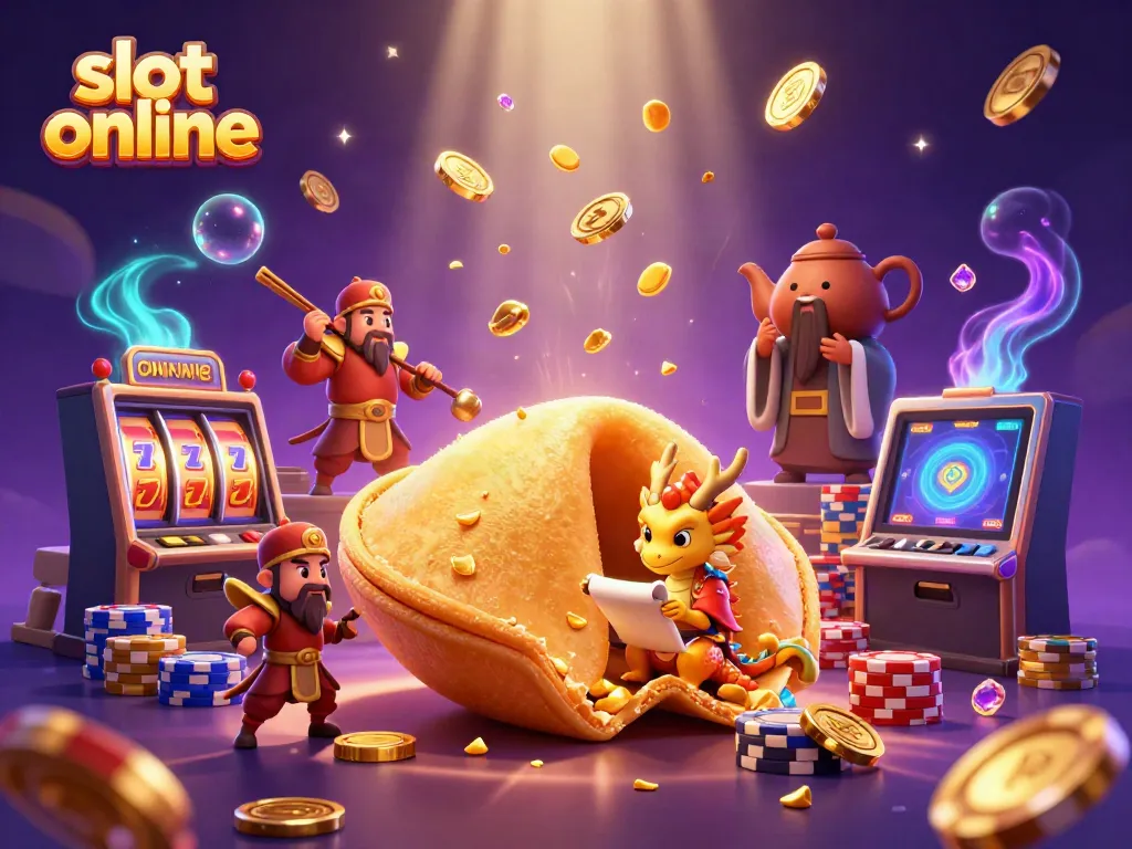 Engage with slot online through an enchanting illustration of a fortune cookie, dragon, and dynamic casino elements.