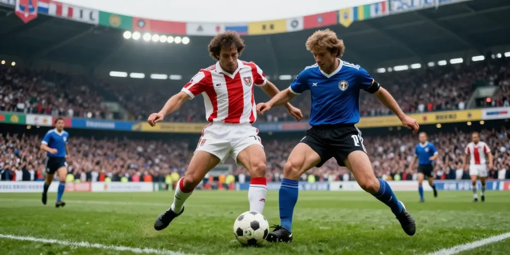 TOP10ตำนานนักเตะ depicted in an iconic football match moment with legendary players and a vibrant stadium atmosphere.