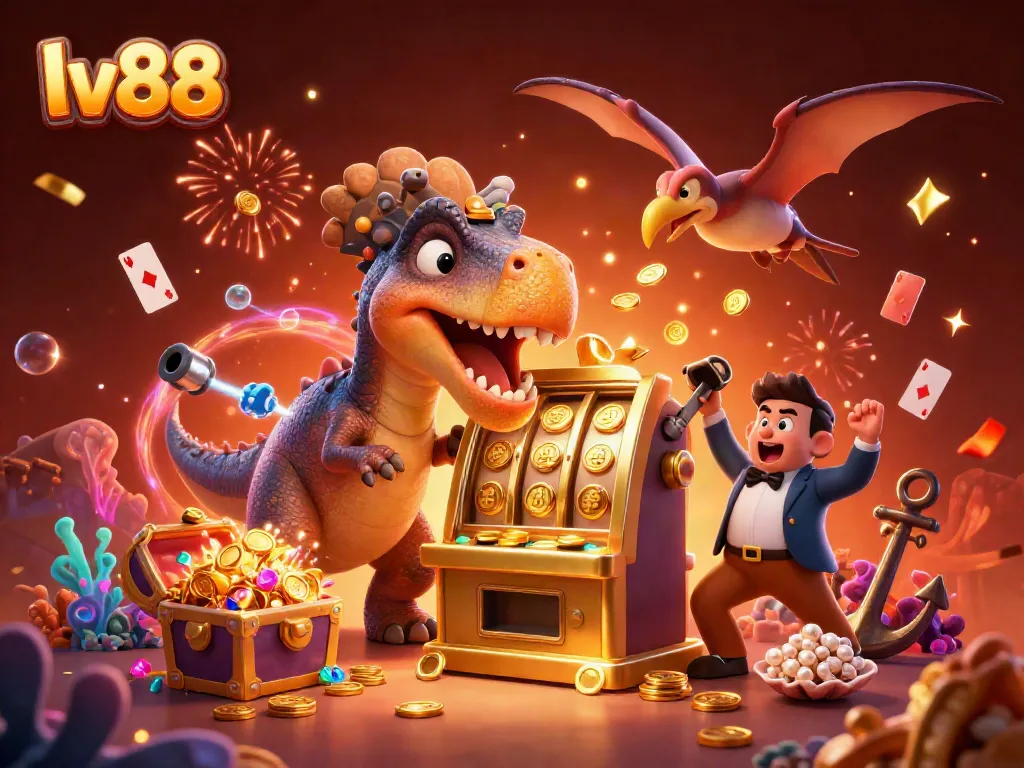 Catching flying coins at lv88 while a pachycephalosaurus triggers slot machine jackpots in a dynamic casino scene.