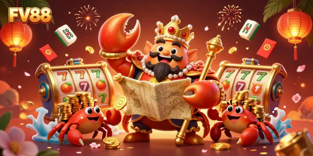 Join the excitement at FV88 casino with the golden crab emperor in a lively gambling scene.