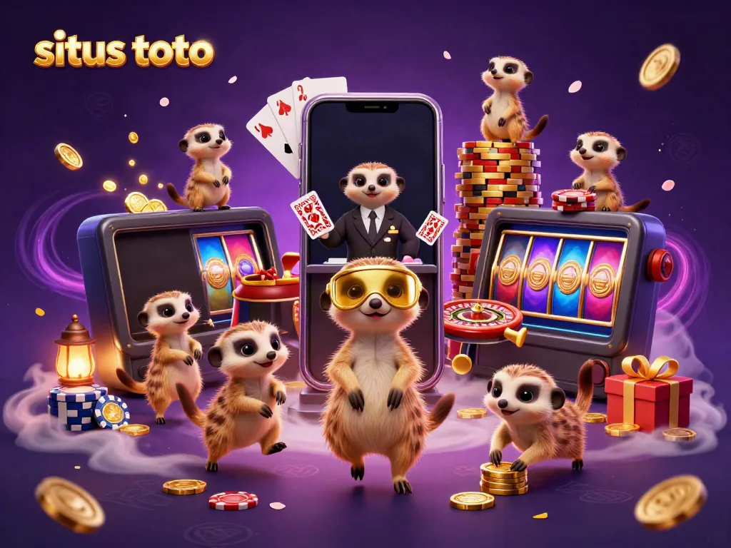 Engaging 3D scene depicting situs toto casino operations with meerkats and vibrant gaming elements.