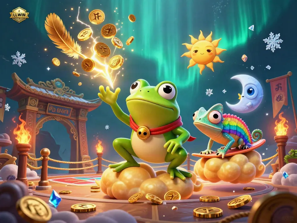 Experience the thrilling atmosphere of LLWIN with a wizard frog and chameleon amidst gold coins and dynamic casino elements.