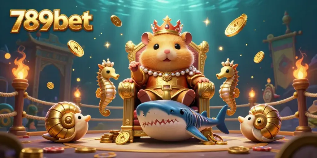 Join the fierce hamster king on the 789bet throne amidst a vibrant underwater casino scene.