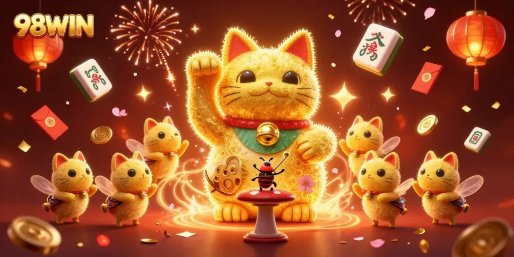 Engage with 98WIN's vibrant casino atmosphere featuring a lucky cat and animated gambling icons.