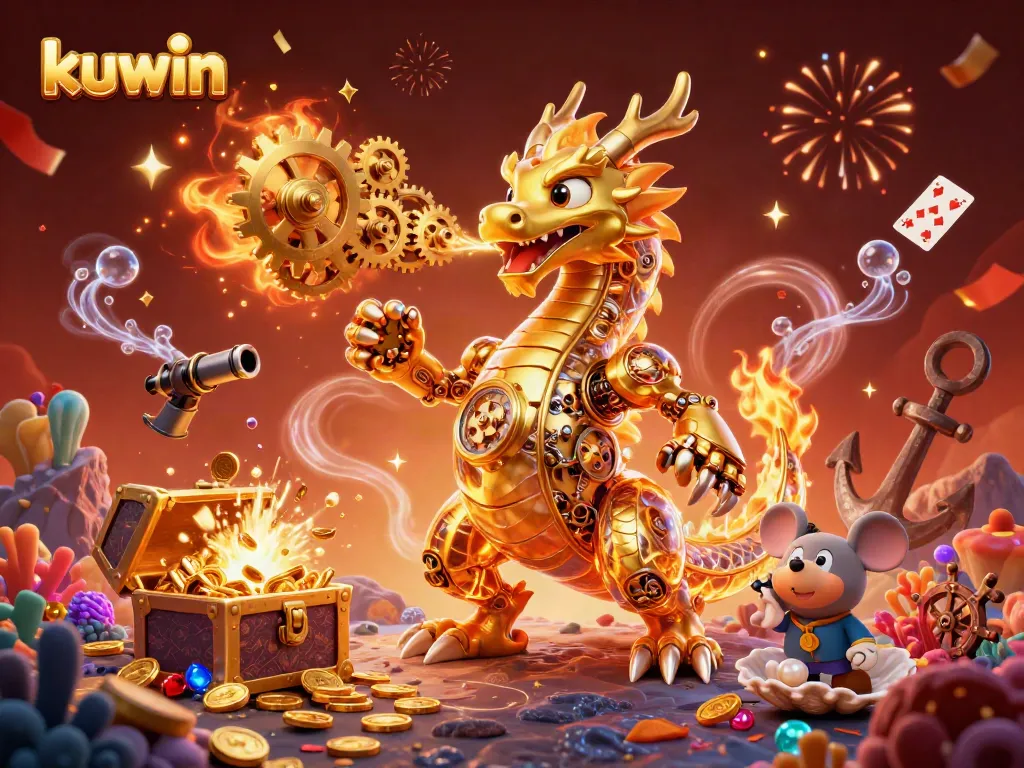 Kuwin invites players into a vibrant 3D gaming realm, showcasing dynamic elements like golden treasure and playing cards.